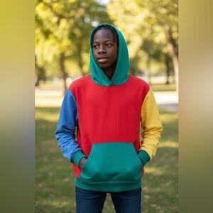 Color block Hooded Pullover Sweater- Joining front pockets Size Medium